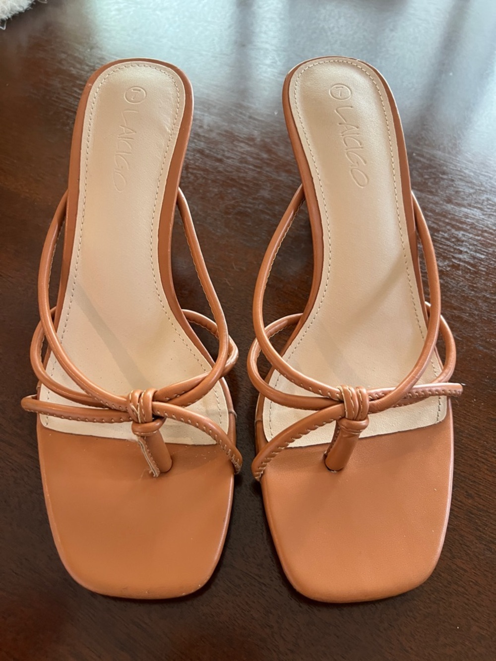 Laicigo Tan Knotted Strappy Square-Toe Slide Mules